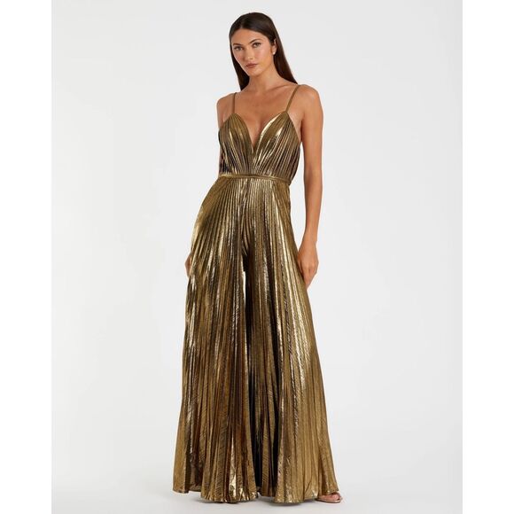 Mac Duggal Pants - Mac Duggal NWT Metallic Pleated V-Neck Jumpsuit in Antique Gold Size 8